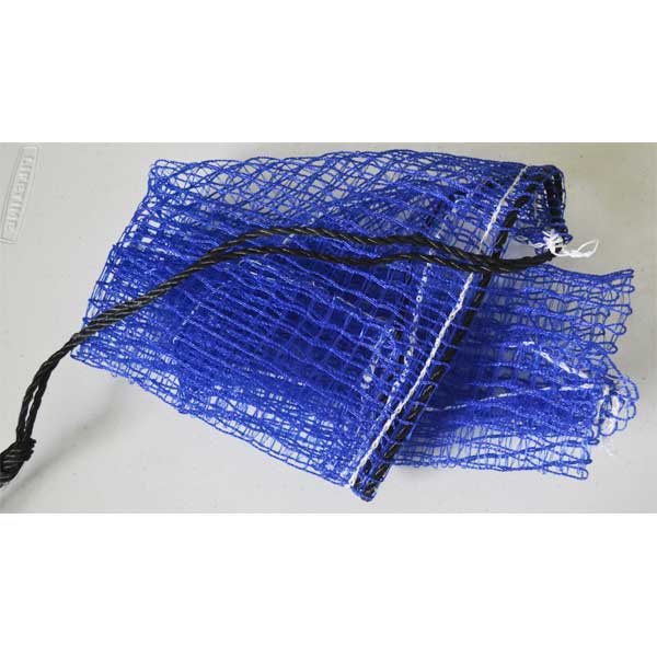 Blue netting with black ropes on a white background