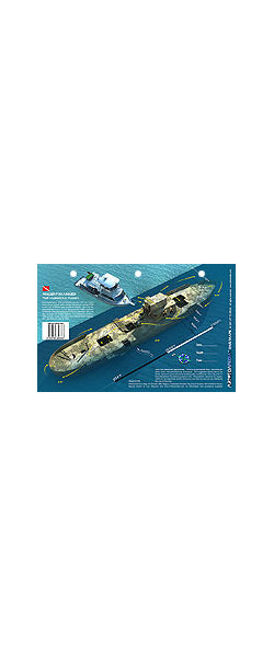 shipwreck on a blue background with branding and product details.