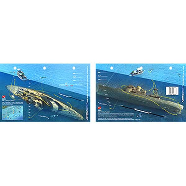 Two views of a shipwreck with detailed cross-sections on a blue background.