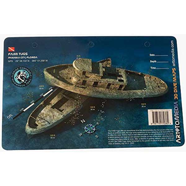 Model of a ship on a promotional card with branding and text