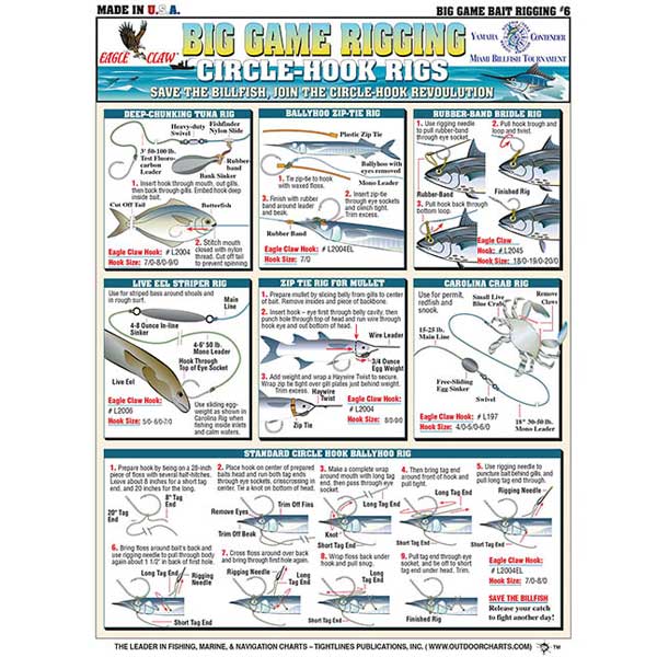 Fishing chart with various circle hook rigs and illustrations on a white background