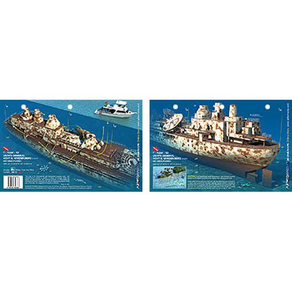 shipwreck in the water with two views of a ship on a white background