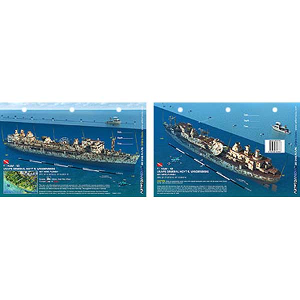 Two views of a shipwreck on a blue background