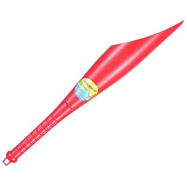 Red plastic bat like hollow tool with a label used to sling fish chum