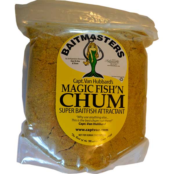 Packaged Baitmasters Magic Fish 'N Chum with yellow label on a white background