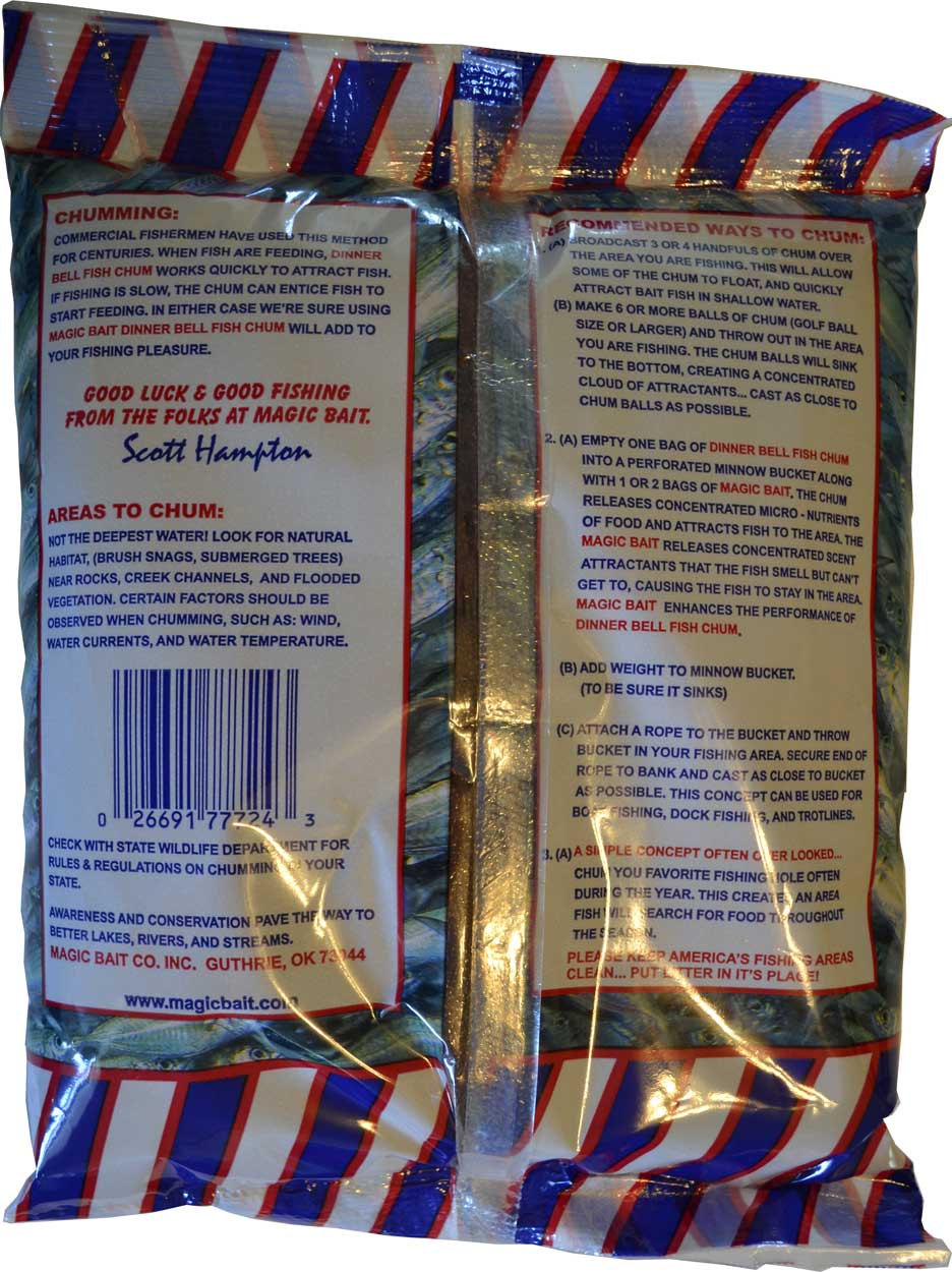 Displaying the back of the packaging with printed instructions, a barcode, and a logo for Magic Bait Dinner Ball Chum.