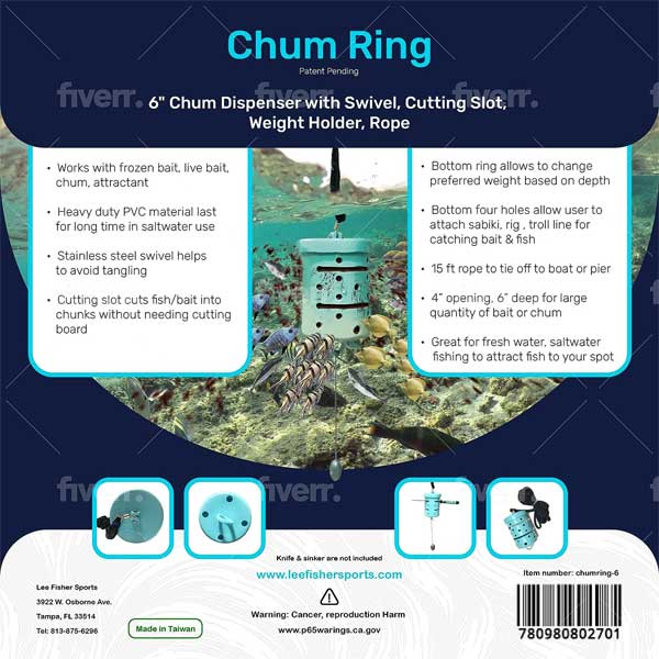 Back view of a chum ring product packaging with text and images of fish and ocean scenery.