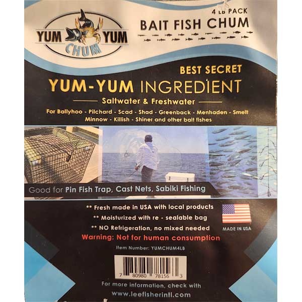 Yum-Yum Bait Fish Chum packaging with fishing images and text.