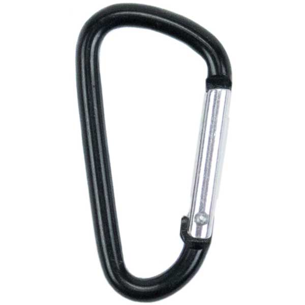 Black carabiner with silver clip on a white background