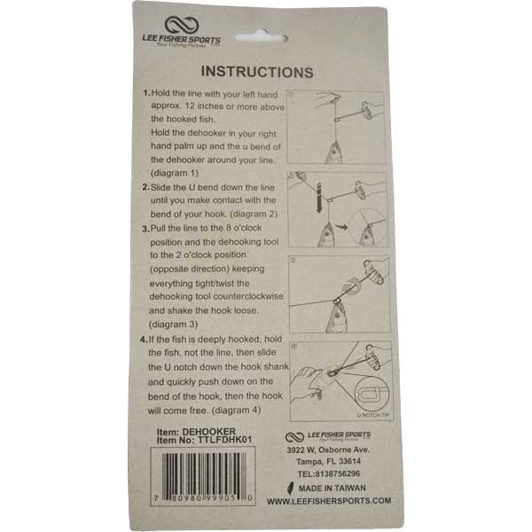 Back of a Lee Fisher Sports dehooker packaging with instructions and contact information.