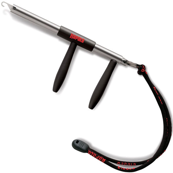 Fishing hook remover with a black and red pistol handle on a white background
