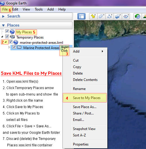 Google Earth software interface with a menu open to save KML files.