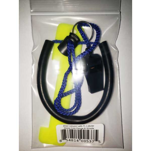 Yellow whistle with black and blue lanyard on a clear packaging background