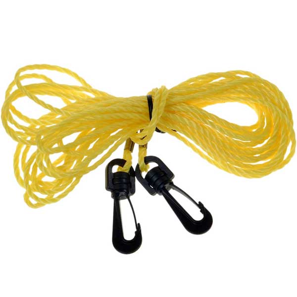 Yellow plastic floating rope with black plastic carabiners on each end on a white background