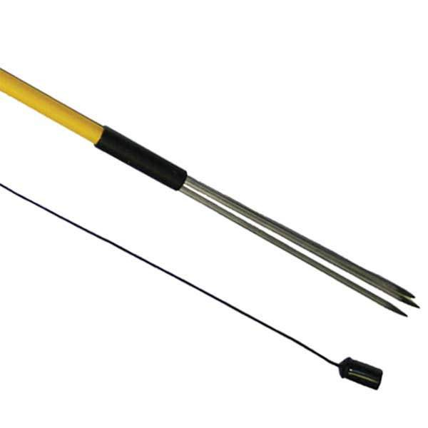 Metal 3 prong spear tip closeup with end cap on a yellow fiberglass handle on a white background