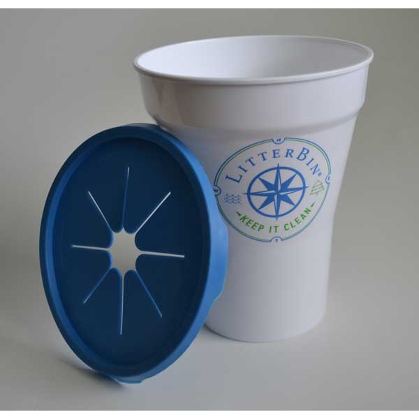 White cup with blue lid and 'Litter Bin' logo on a gray background
