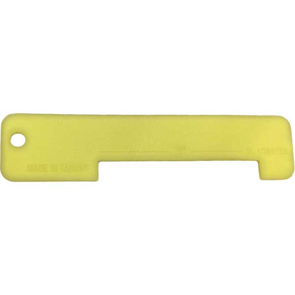 Yellow plastic lobster measure tool with a hole on a white background