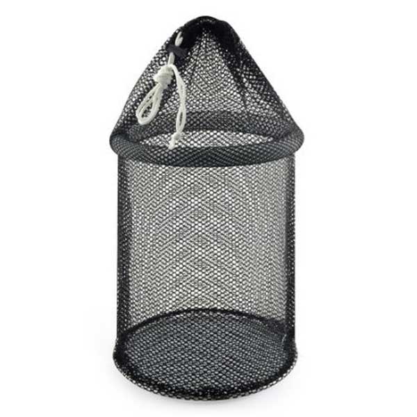 Black mesh chum dispenser or fish carrel that has foam float ring on a white background