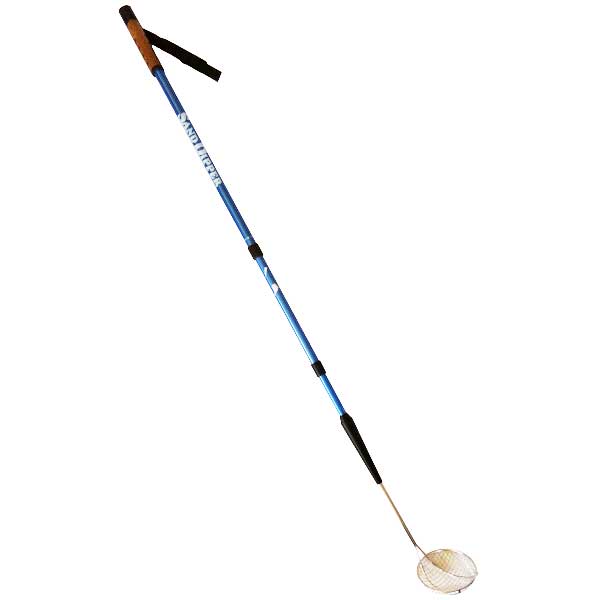 Blue sand dipper shell scoop with a white reel on a white background