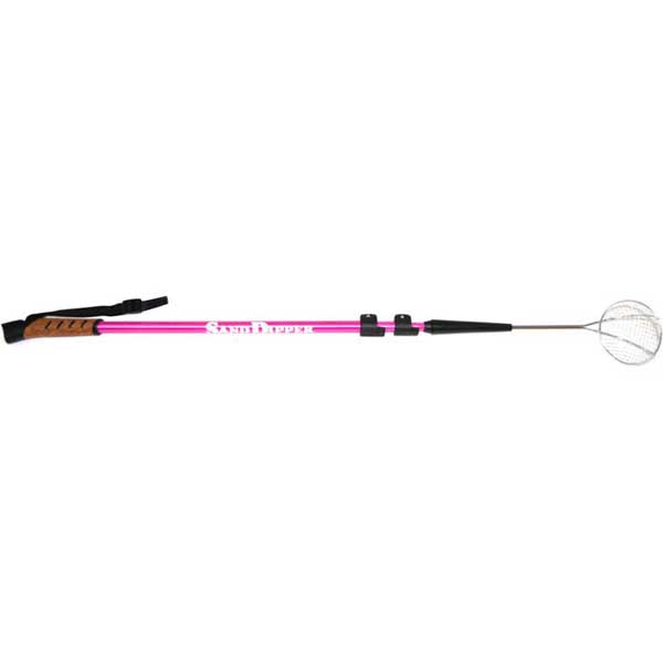 Pink and black sand dipper shell tool with a wire hoop on a white background