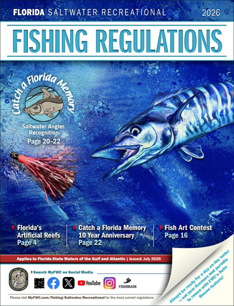 Cover of the Florida Saltwater Recreational July 2026 Fishing Regulations booklet, featuring a blue underwater scene with a striped Wahoo fish, a fishing lure, and white text panels.