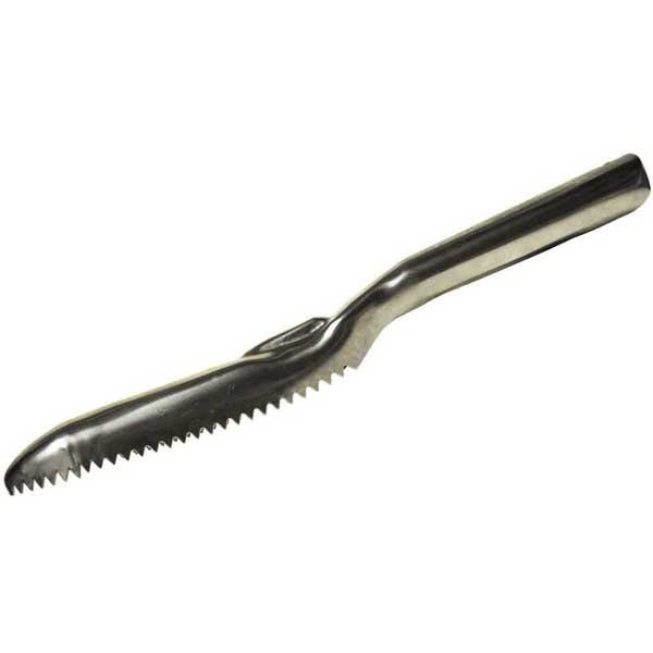 Metallic silver fish scaler on a white background