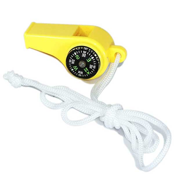 Yellow whistle with a white cord on a white background