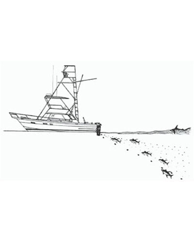 drawing of a fishing boat with tower with fish chum in the water and fish swimming to the fish chum