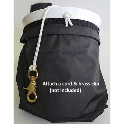 Black bag with a white drawstring and gold brass clip on a light gray background