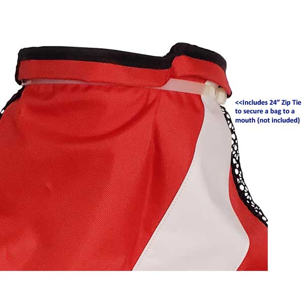 Red bag with a black zipper and white interior on a white background