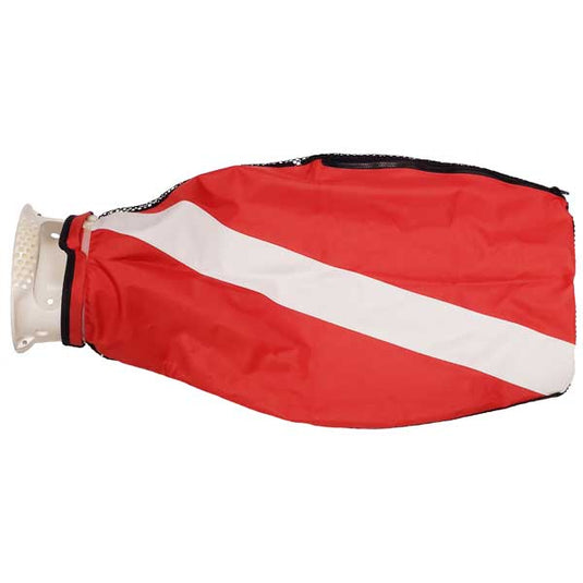Red diving catch bag with white stripe on red bag, with white plastic entry mouth