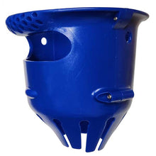 Blue plastic mouth for lobster catch bag with multiple holes and attachments on a white background