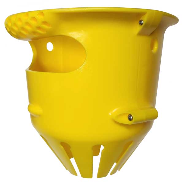 Yellow plastic entry mouth for lobster catch bag with multiple holes on a white background