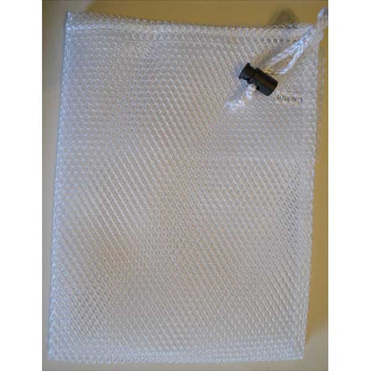 White mesh drawstring bag on a beige background
