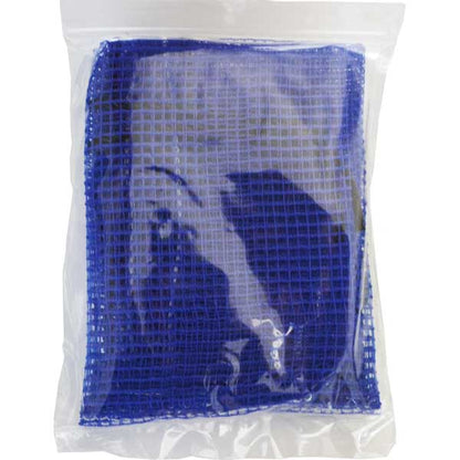 Blue mesh bag with small holes in a clear plastic bag on a white background