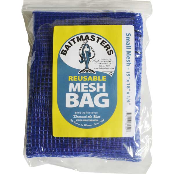 Baitmasters reusable mesh bag packaging with blue mesh and yellow label.