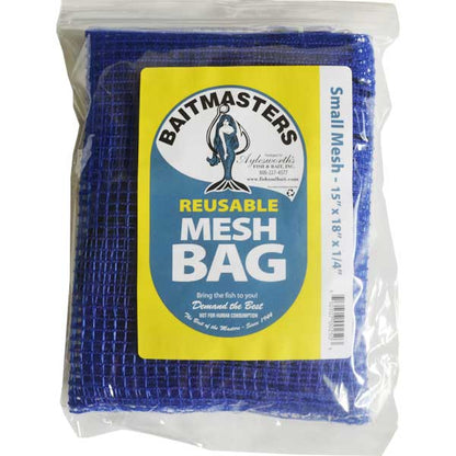 Baitmasters reusable mesh bag packaging with blue mesh and yellow label.