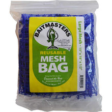 Baitmasters reusable mesh bag packaging with blue mesh and a yellow label.