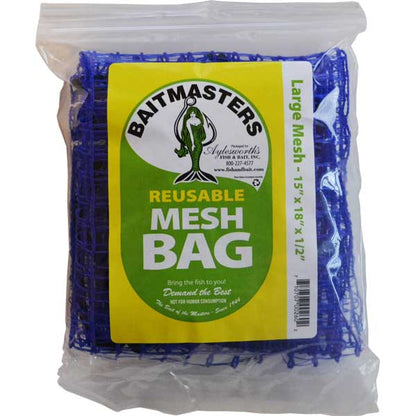 Baitmasters reusable mesh bag packaging with blue mesh and a yellow label.