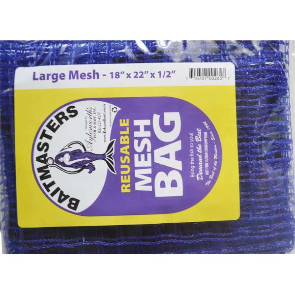 Blue reusable mesh bag with yellow label on a white background