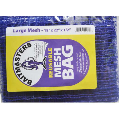 Blue reusable mesh bag with yellow label on a white background