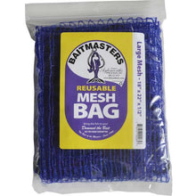 Blue reusable mesh bag with Baitmasters label on a white background