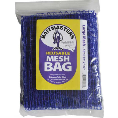 Blue reusable mesh bag with Baitmasters label on a white background