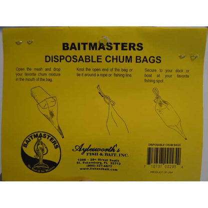 Yellow packaging of Baitmasters disposable chum bags with instructions and branding.