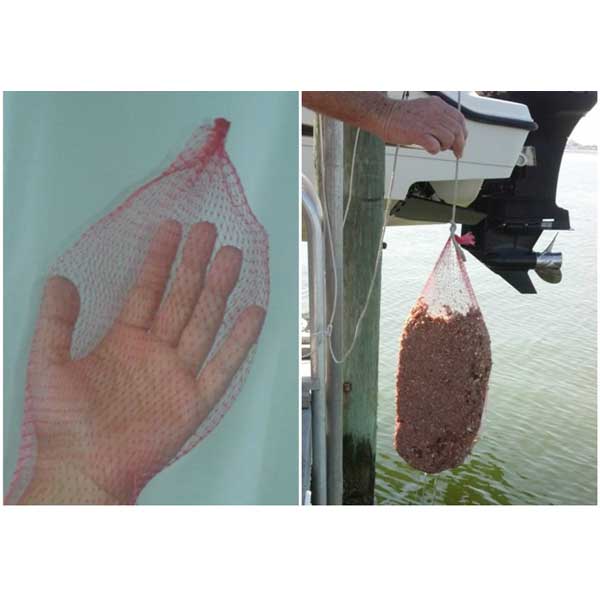 Fishing net with a hand for scale, followed by a person holding the net with bait.