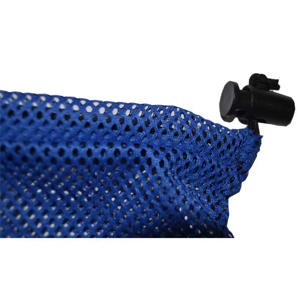 Blue mesh bag closeup with a black clip on a white background