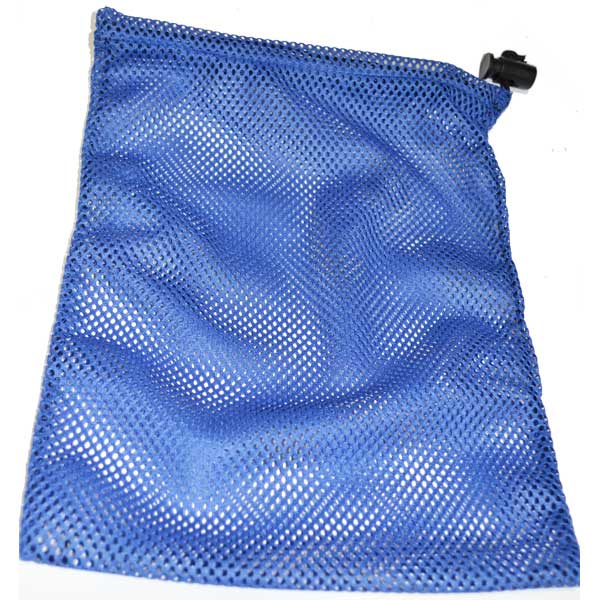 Blue mesh drawstring bag on a white background
