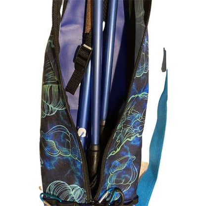 Blue bag in a patterned carrying case on a white background