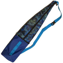 Blue and black bag with colorful shell images with a patterned strap on a white background