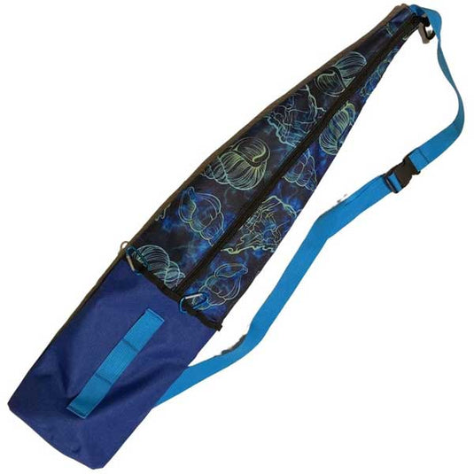 Blue and black bag with colorful shell images with a patterned strap on a white background